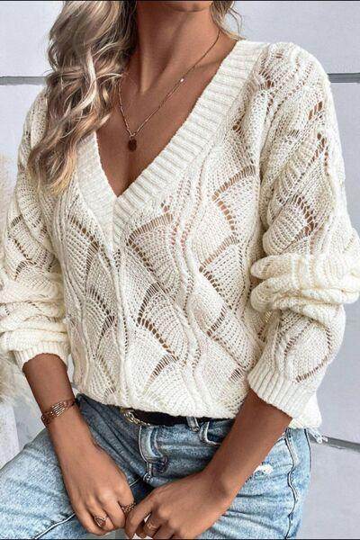 Openwork V-Neck Long Sleeve Sweater for Women Fashion