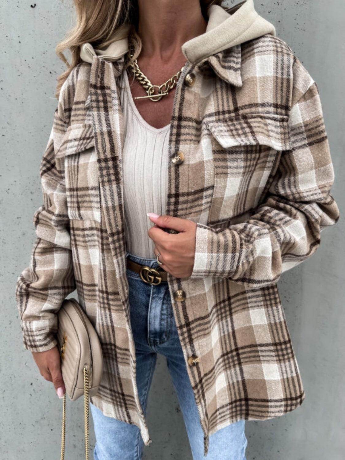 Plaid Dropped Shoulder Hooded Jacket for Casual Style