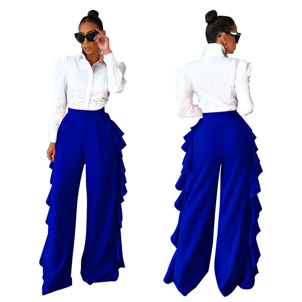 Ruffle Trimmed High-waisted Wide-leg Pants