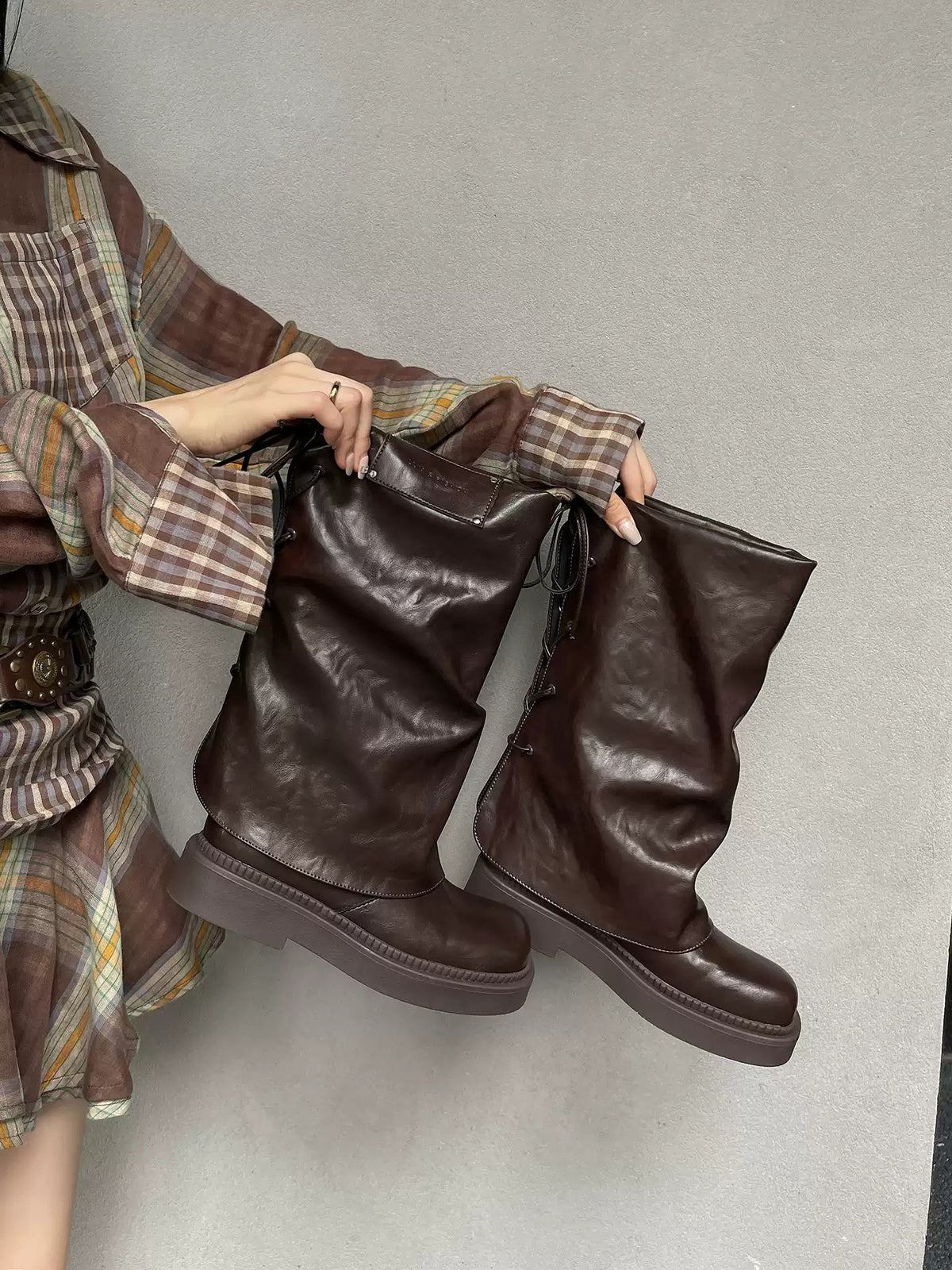 Women's Niche Retro Square-toe Boot-cut Pants With Laces