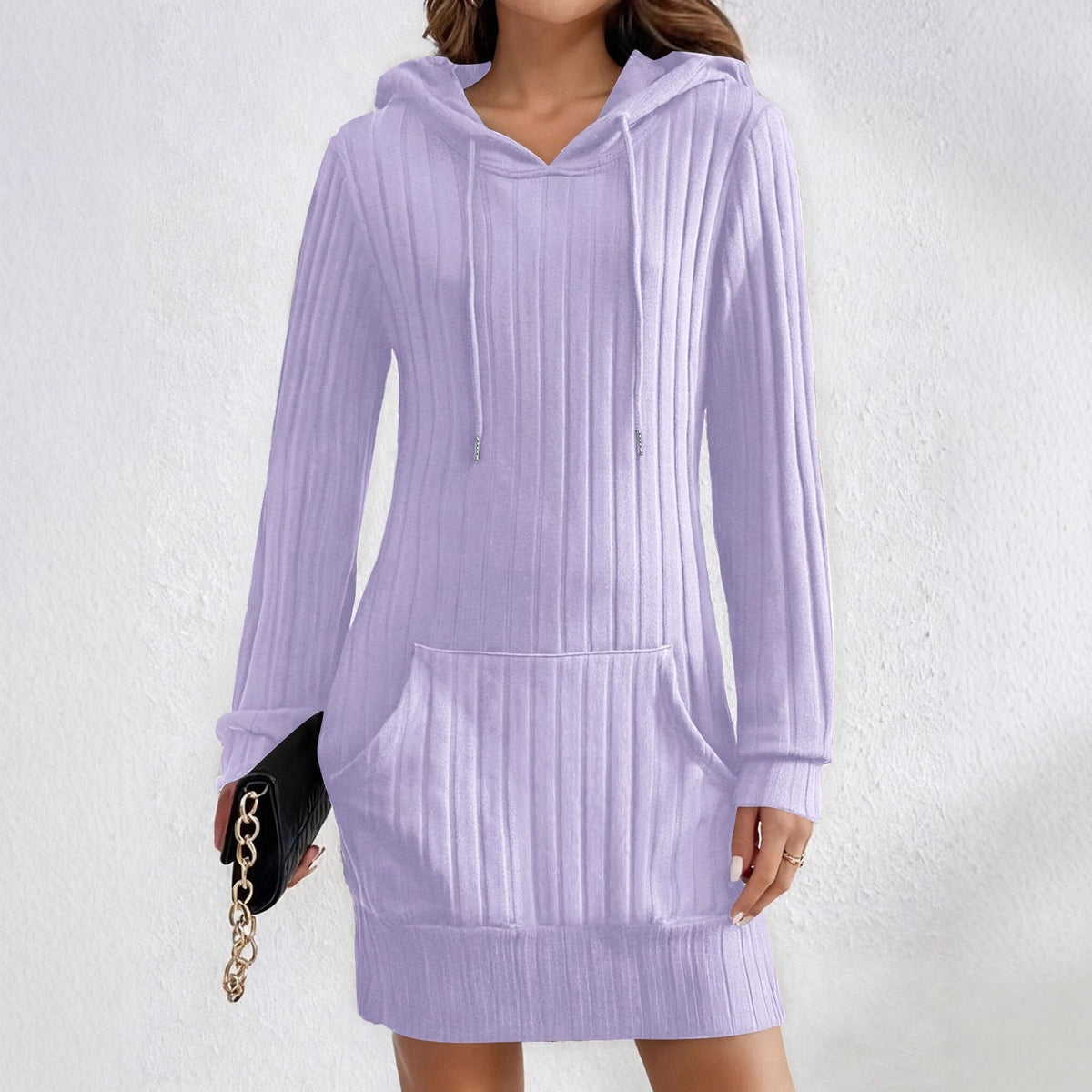 Knitted Hooded Ribbed Pocket Long-sleeve Dress