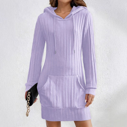 Knitted Hooded Ribbed Pocket Long-sleeve Dress