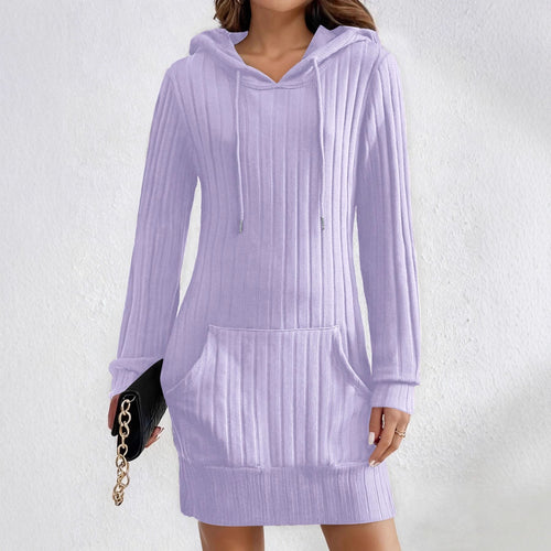 Knitted Hooded Ribbed Pocket Long-sleeve Dress