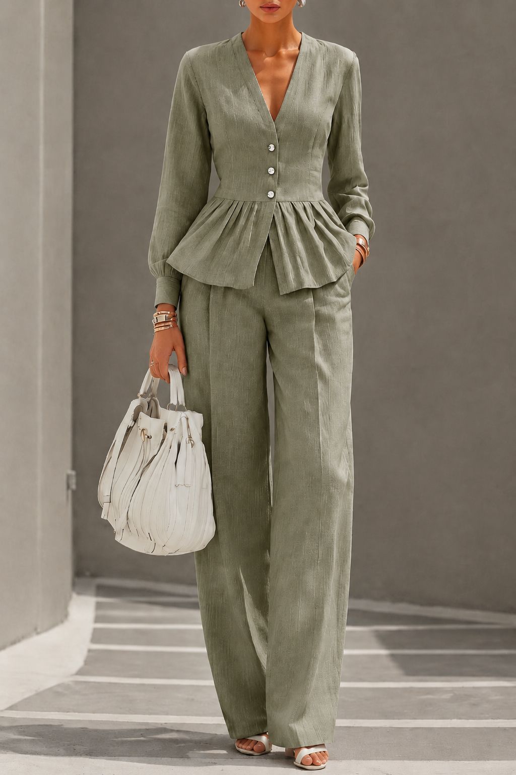 Long-sleeve V-neck Top And Wide-leg Pants Two-piece Set