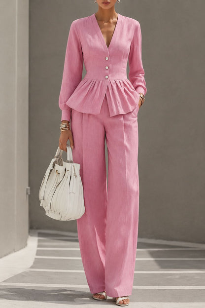 Long-sleeve V-neck Top And Wide-leg Pants Two-piece Set