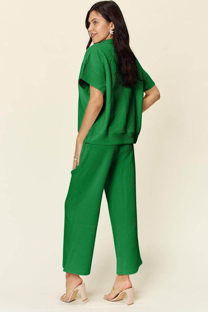 Double Take Full Size Texture Half Zip Short Sleeve Top Set