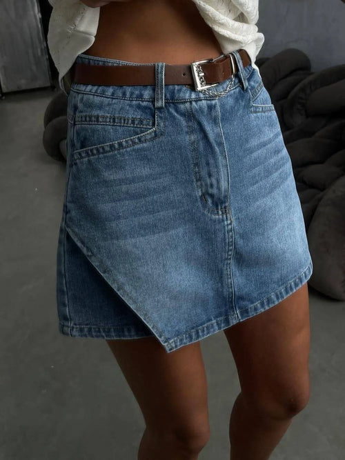 Asymmetric Hem High-Waisted Denim Mini Shorts