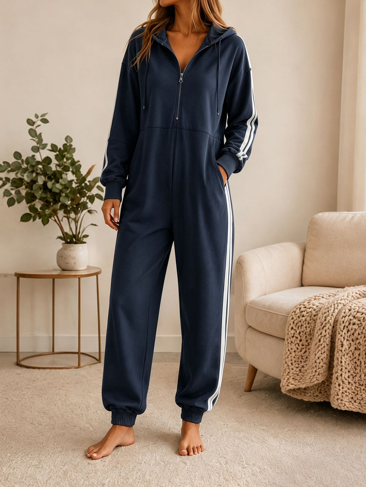 Women's Loose-fitting Hooded Zip-up Jumpsuit