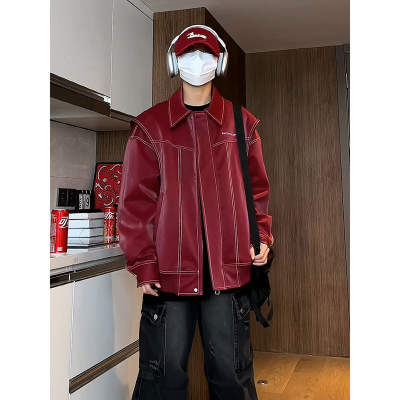 Spring Design Fake Two-piece Leather Coat