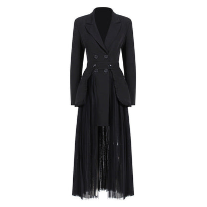 Double Breasted Blazer Spliced Pleated Tulle Midi Dress