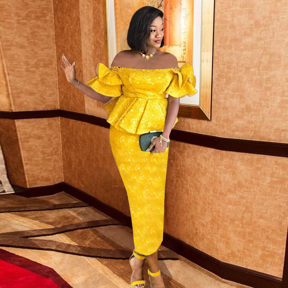 One-shoulder Ruffle Dress Female Celebrity Style