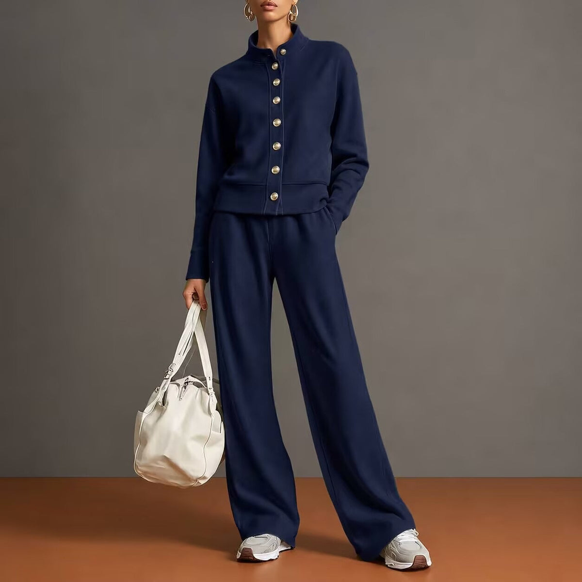 Stand-collar Cardigan And Wide-leg Pants Set