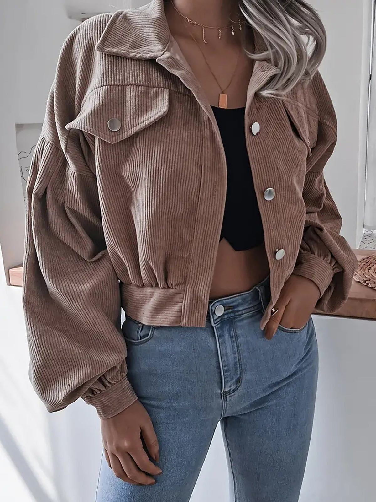 Lantern Sleeve Corduroy Casual Short Jacket