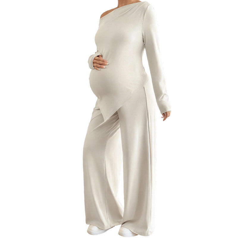 European And American Cross-Border Autumn Maternity One-Shoulder Set With Asymmetrical Hem Wide-Leg Pants Postpartum Casual Two-Piece Set