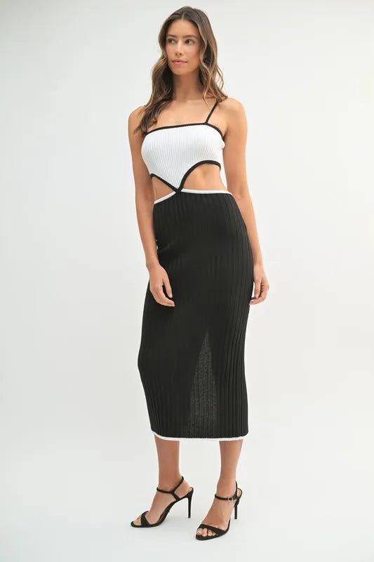 MABLE Ribbed Knit Color Block Cutout Midi Dress