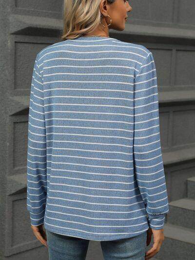 Striped Notched Long Sleeve T-Shirt for Casual Style