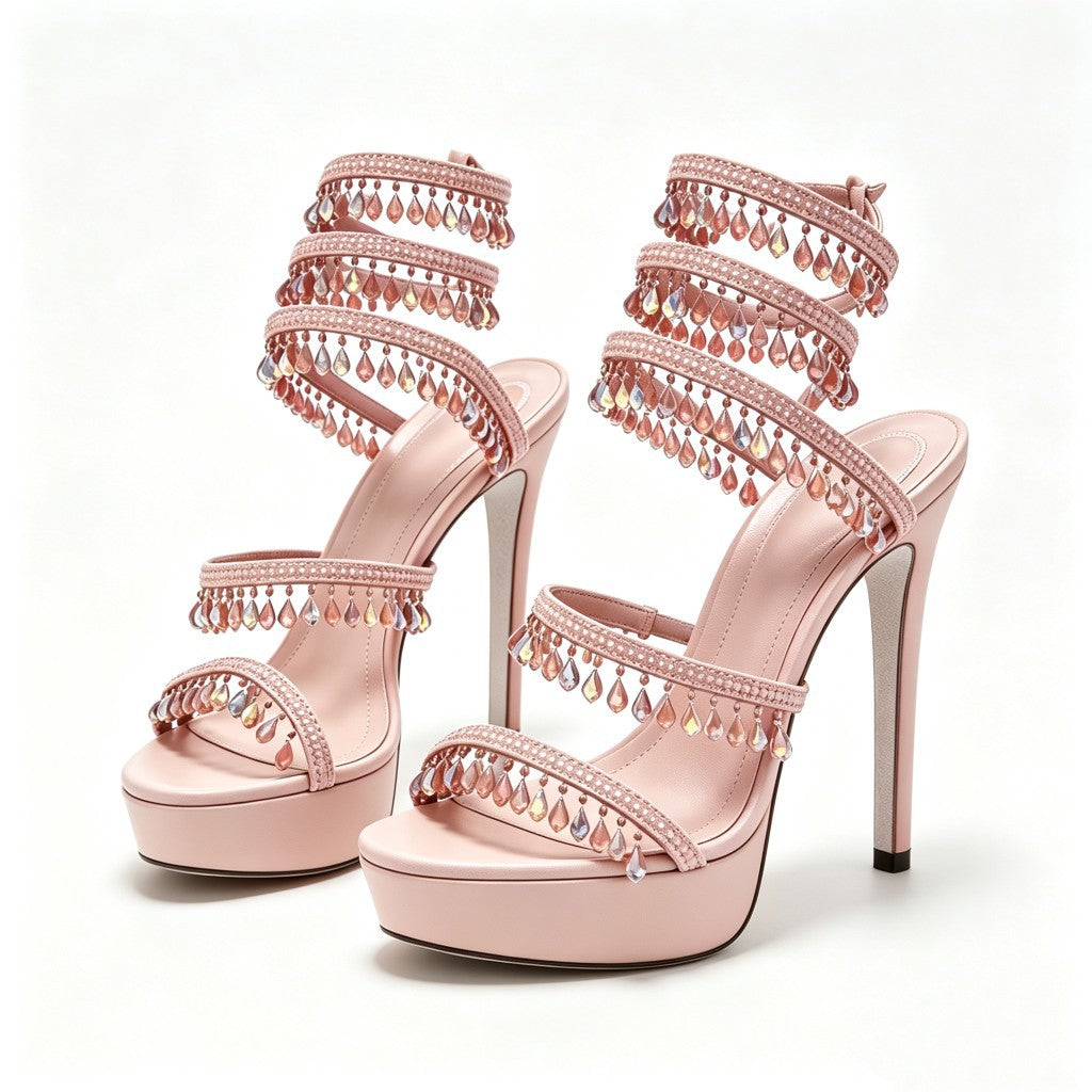 Plus-size Beaded Rhinestone Stiletto Sandals