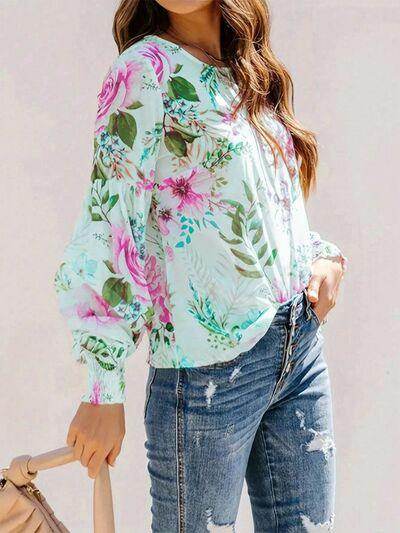 Smocked Printed Round Neck Lantern Sleeve Blouse for Women