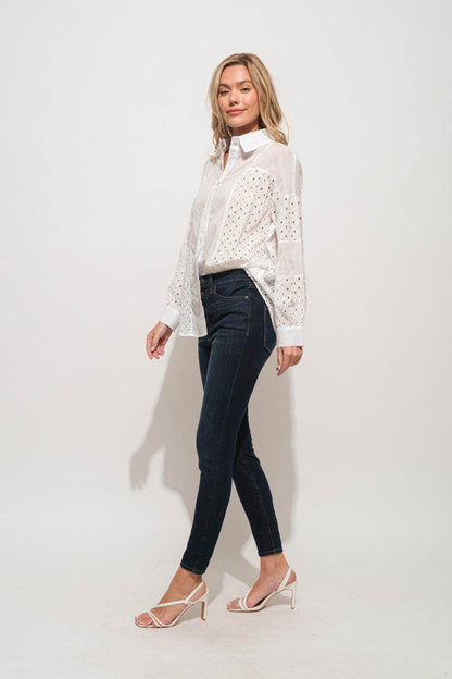 And The Why Eyelet Long Sleeve Button Down Shirt Chic
