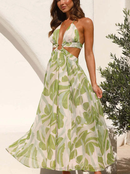 Tropical Print Backless Maxi Sleeveless Dress