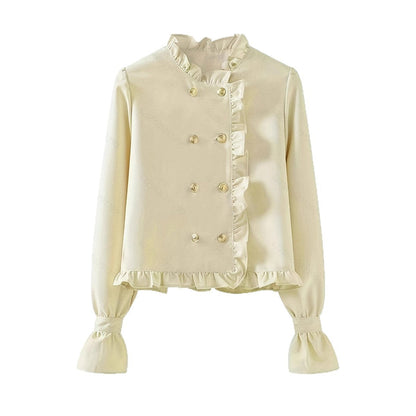 Long-sleeve Double-breasted Loose-fitting Versatile Top With Ruffled Hem