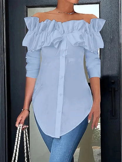 Simple Solid-Color Off-the-Shoulder Ruffle-Trim Shirt Top