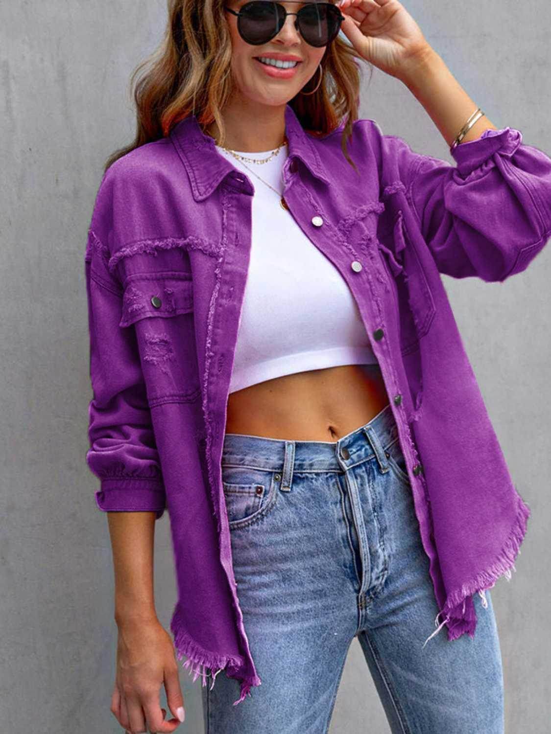 Distressed Drop Shoulder Denim Jacket for Casual Style