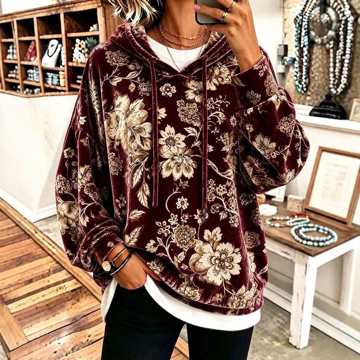 Women's Velvet Hooded Floral Sweatshirt Loose-fitting Long-sleeve Top