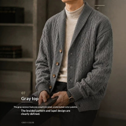 Men's Suit-collar Cable-knit Cardigan