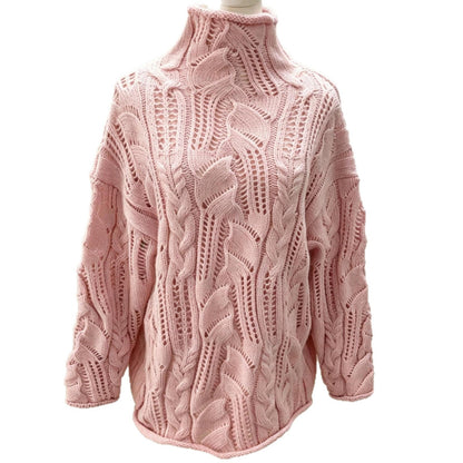 Women's Turtleneck Hollow Cable Knit Sweater, 2026 Fall Winter Loose Long Sleeve Pullover, Solid Color Knit Base Top