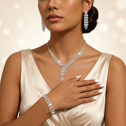 Metal Rhinestone Wedding Necklace And Earrings Jewelry Set