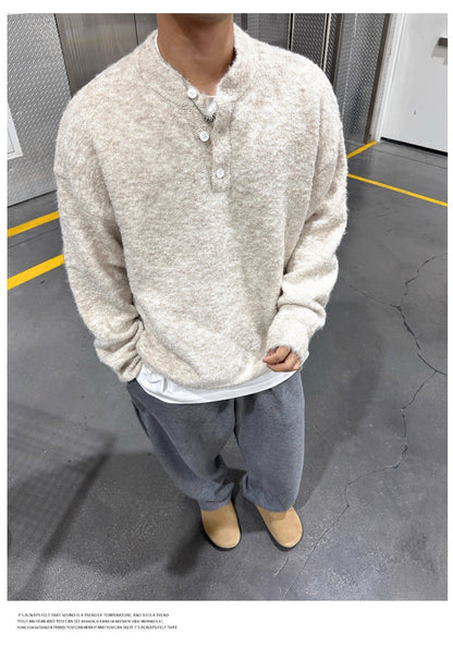Solid-color Henley-neck Casual Knit Sweater
