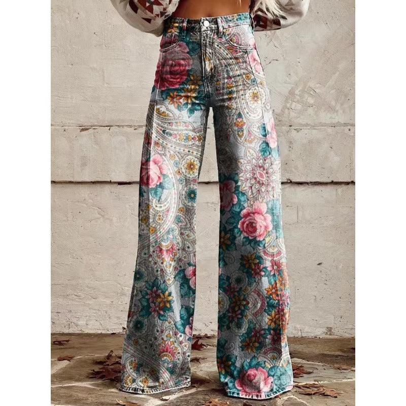 Women's Casual Wide-leg Pants Low-rise Denim Straight-leg Style