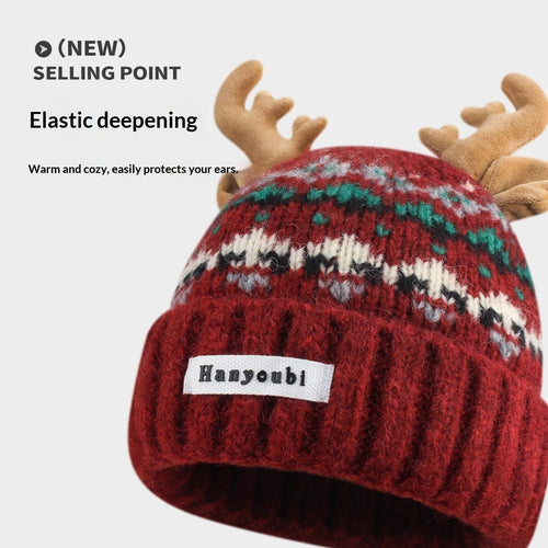 Women's Knitted Hat With Christmas Antlers Thick Warm And Adorable