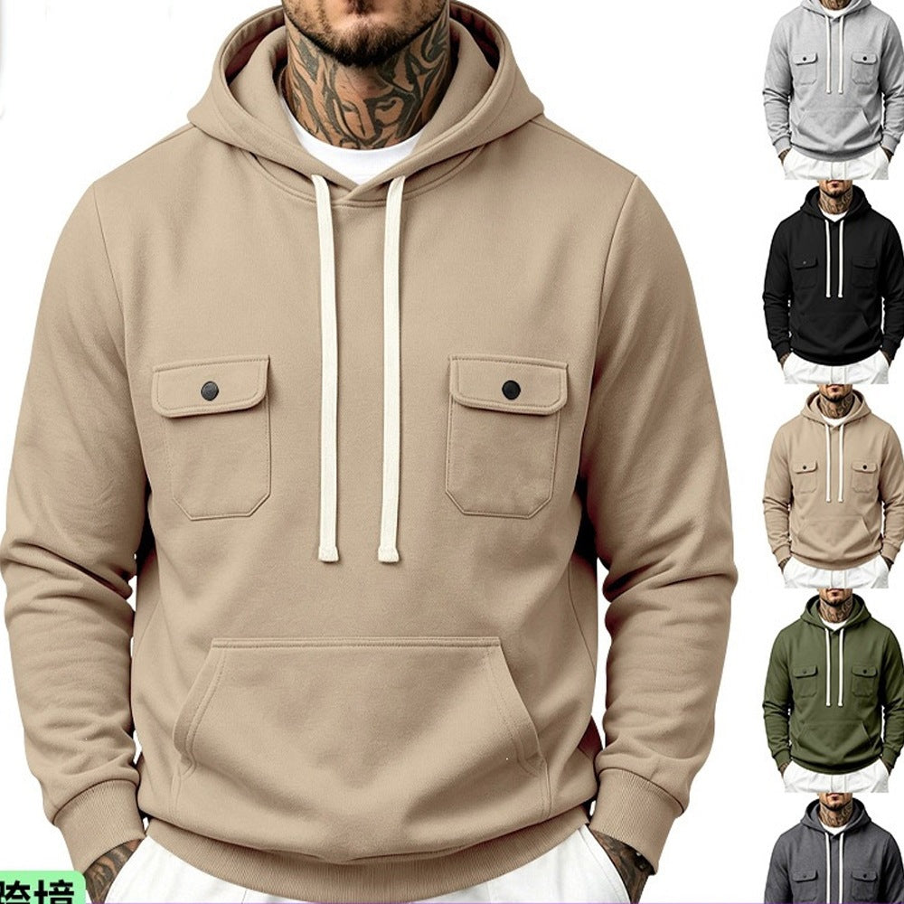 Knitted Casual Hoodie With Multiple Pockets Loose-fit Workwear Style With A Hood