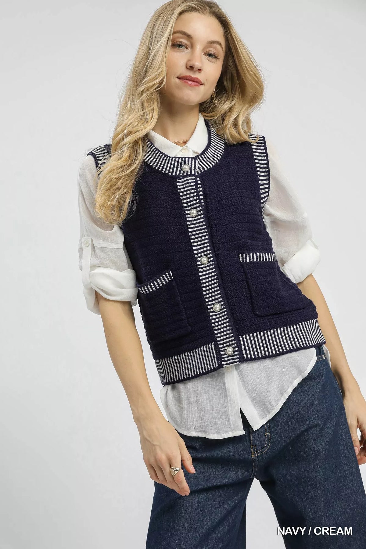 Umgee Contrast Striped Trim Button-Down Sweater Vest