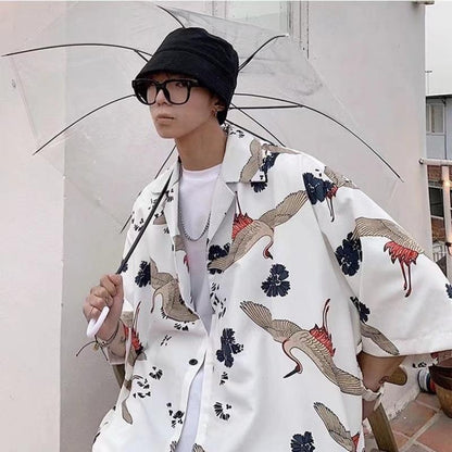 Men's Short-sleeve Shirt Summer Chinese-style Trendy Crane-printed Oversized Beach Shirt For Couples