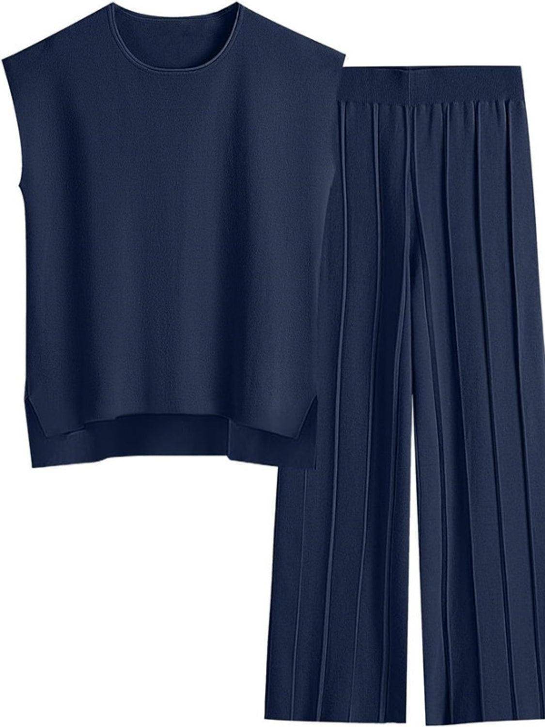 Round Neck Cap Sleeve Top and Pants Knit Set for Women