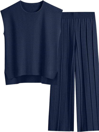 Round Neck Cap Sleeve Top and Pants Knit Set for Women