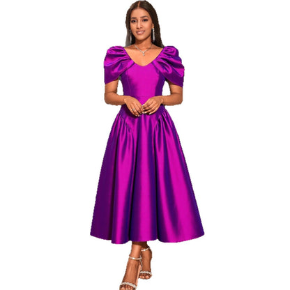 Puff Sleeve Evening Dress A Hem Pleated Banquet Dress