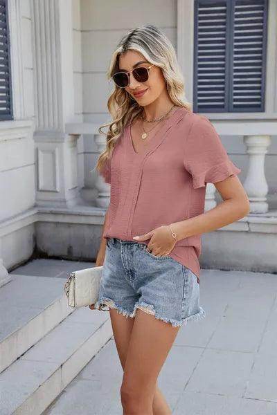 Ruffled V-Neck Short Sleeve Blouse for Stylish Women