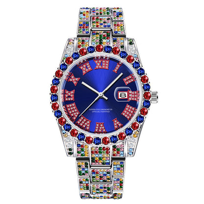 Hip Hop Men Fashion Color Full Diamond Date Quartz Watches