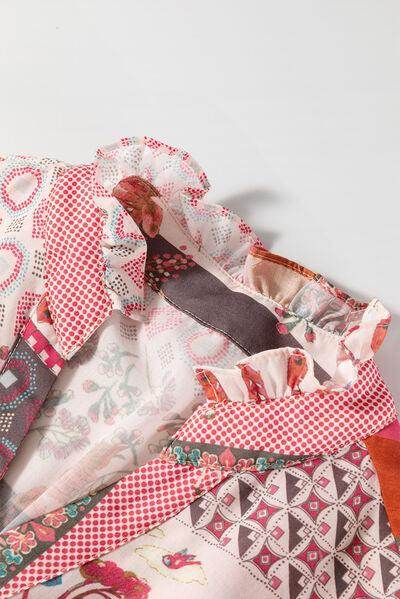 Patchwork Printed Notched Flounce Sleeve Shirt for Women