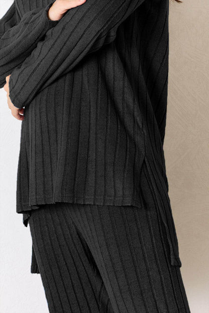 Basic Bae Full Size Ribbed Round Neck High-Low Slit Top Set