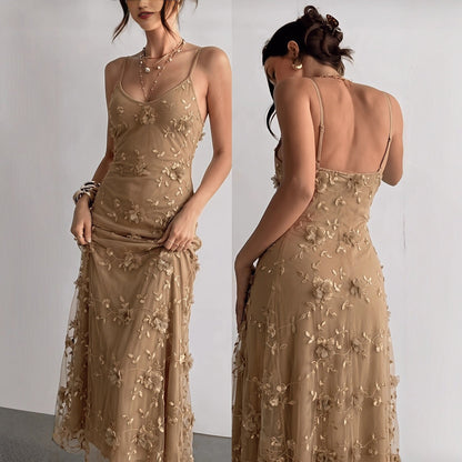 Embroidered Mesh Strap Dress For Women
