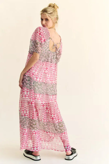 Davi & Dani Multi Floral Square Neck Puff Sleeve Maxi Dress