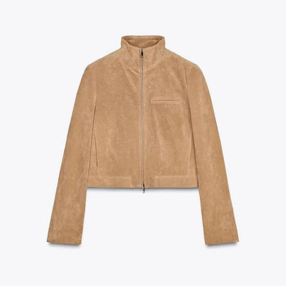 Spring Short Suede Jackets Women Brown Stand Collar Zip