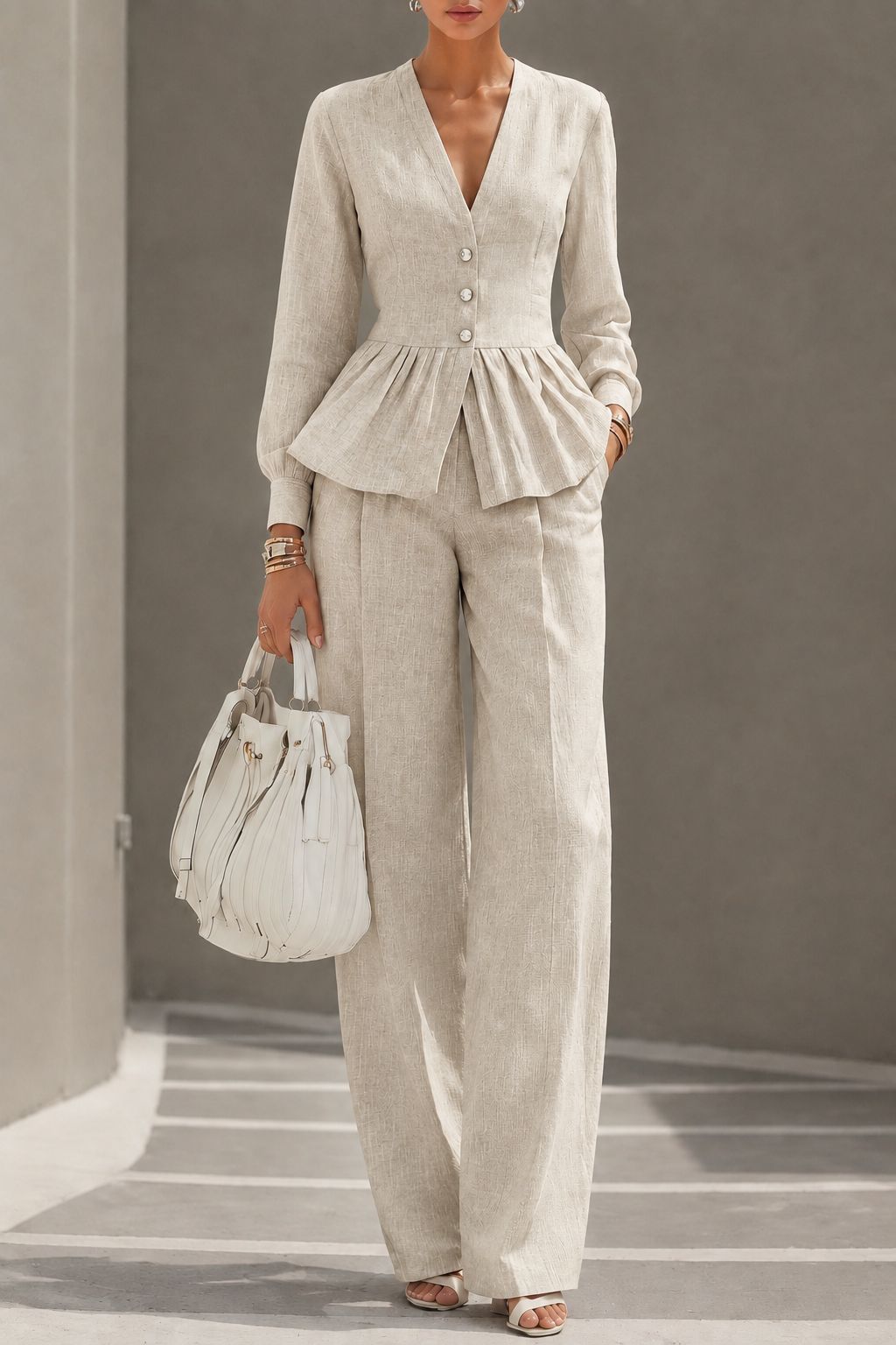 Long-sleeve V-neck Top And Wide-leg Pants Two-piece Set