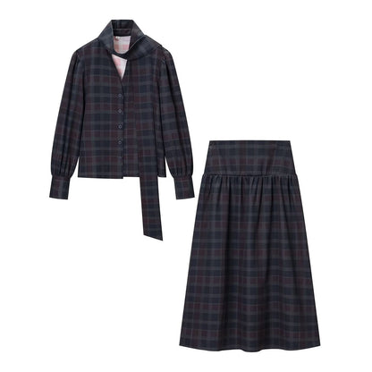Plaid Two-Piece Set With Long-Sleeve Blouse And Maxi Skirt