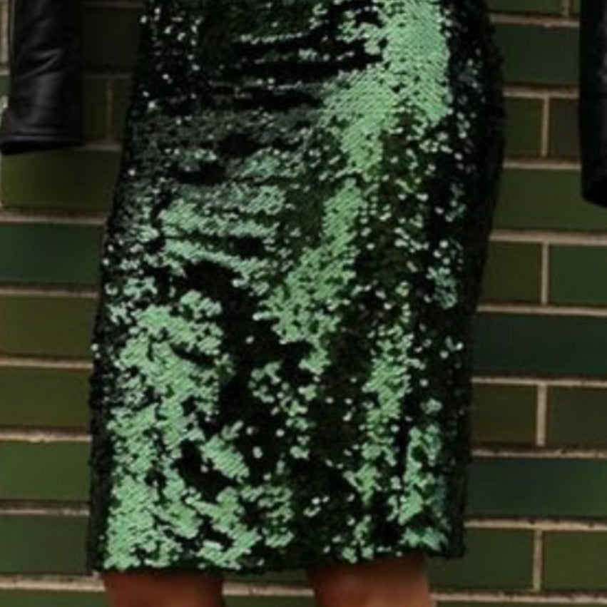 Illusion-Iridescent Laser-Green Sequined Bodycon Midi Skirt